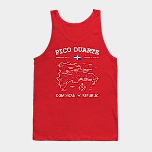 Dominican Republic Flag Travel Map Pico Duarte Coordinates Roads Rivers and Oceans White Tank Top